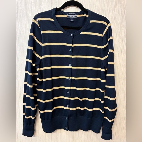 Lands' End Supima Cotton Striped Cardigan Navy Gold XL 18 Preppy Classic Knit - Picture 1 of 4